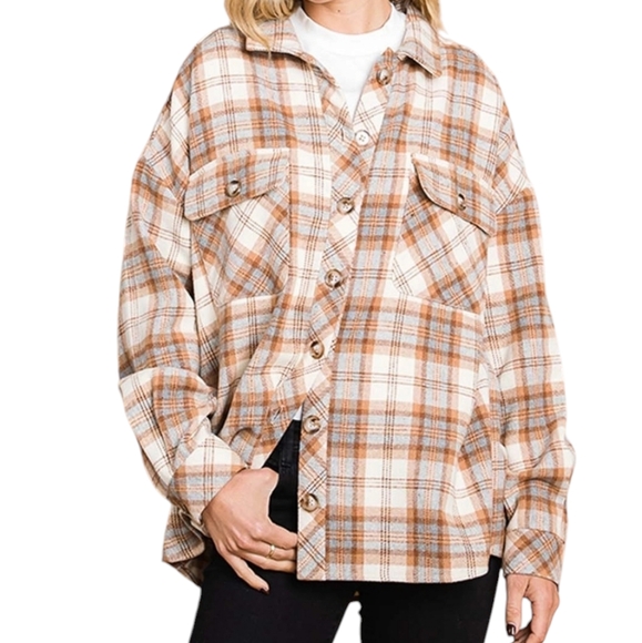 Cotton Bleu Women's Button-Down Shacket - Brown Combo - Picture 1 of 2